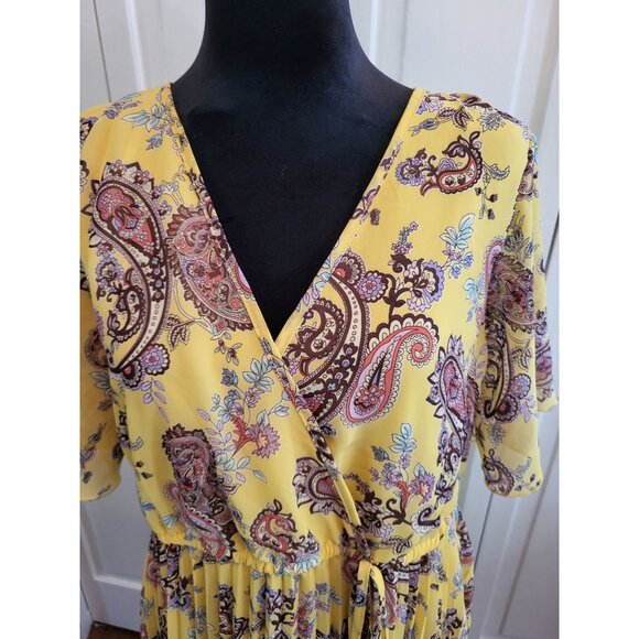 Yellow Paisley Faux Wrap Dress and Slip Pleated Sheer XL Boho Cottage TradWife - Picture 3 of 9